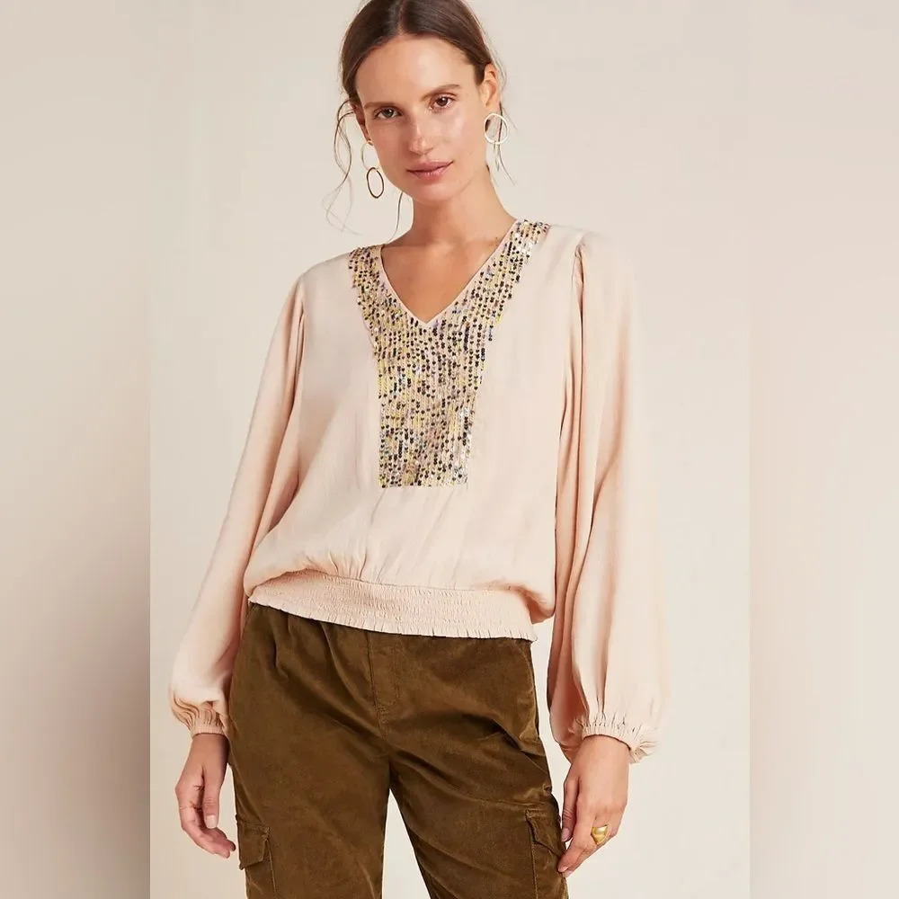 MAEVE‎ by ANTHROPOLOGIE Kristie Sequined Peasant Blouse in Peach